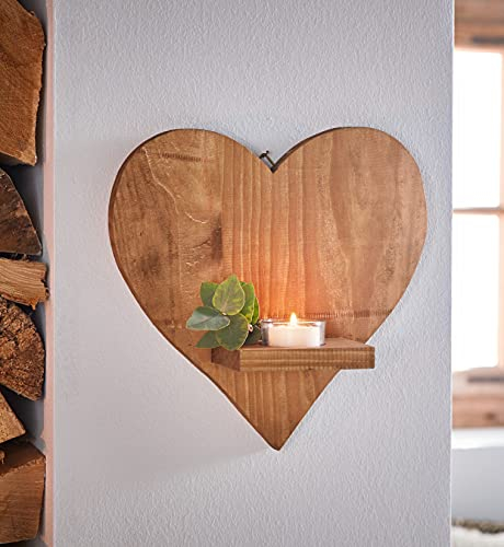 Dekoleidenschaft Wand-Teelichthalter Herz aus Holz, rustikale Wanddeko, Wandhänger, Herz-Deko, Wandkerzenhalter, Wandwindlicht, Holzherz mit Glas-Windlicht