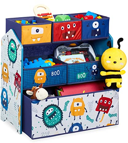 Relaxdays Kinderregal mit 6 Stoffboxen, Monster Design, HxBxT: 66 x 63,5 x 30 cm, Spielzeugregal fürs Kinderzimmer, bunt