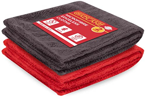 GADLANE Edgeless Car Microfibre Cloth 2 Pack - 520gsm Dual-Sided (Red/Grey) | Ultra Plush Microfibre Cleaning Cloth, 40 x 40cm Lint Free Scratch Free Car Cleaning Cloths for Car Detailing, Polishing