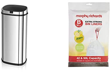 Morphy Richards Chroma 971519 Square Sensor Bin 50L & 979003 Kitchen Bin Bag 42-50L Lemon Scented Heavy Duty Drawstring Waste Bin Liners, 20 Pack, White, Compatible with most 42-50L bins