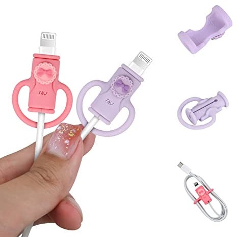 DiyGody Cute Cable Protector for iPhone Android USB Cable,2 PCS Bow Ties Design 2 in 1 Data Cable Protector,Soft Silicone Stretchable Charger Cord Protector Data Cable Organizer -Pink&Purple