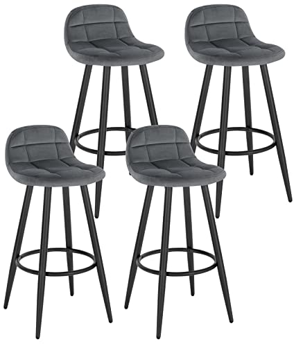 WOLTU Barhocker 4er Set, Barstuhl mit Samtbezug, gepolsterter Küchenhocker, mit Rückenlehne und Fußstütze, Design Hocker, Tresenhocker, Thekenhocker, Sitzhöhe 70 cm, Dunkelgrau BH364dgr-4