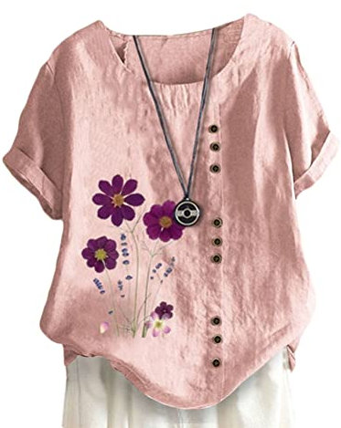 ORANDESIGNE Camicia in Cotone e Lino Donna Maniche Corte Girocollo Taglie Forti Maglietta Ampia Elegante Estiva Stampa Floreale Moda Casual Camicie Bluse Tunica Top Tee T-Shirt H Rosa XXL