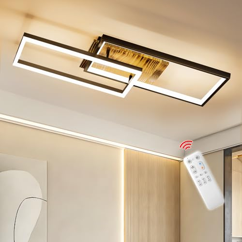 OTREN LED Deckenleuchte Holz Dimmbar, 66CM Massivholz Schwarzer Rahmen Retro Deckenlampe, 42W Wohnzimmerlampe für Schlafzimmer Flur Esszimmer KüChen Büro, Memory-Funktion, 3000K-6500K, Rechteckig