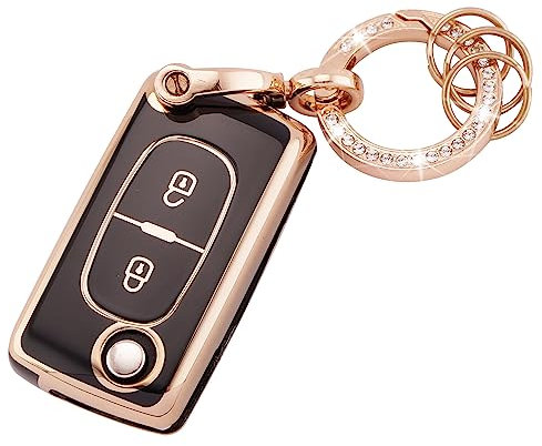 Koaudb Étui porte-clés de voiture pour 107 207 307 307S 308 407 607 807 3008 5008 Citroen C2 C3 C4 C5 C6 C8 Xsara 2 boutons Flip Folding Key Case Shell avec porte-clés (R-Pgt-2F-B)