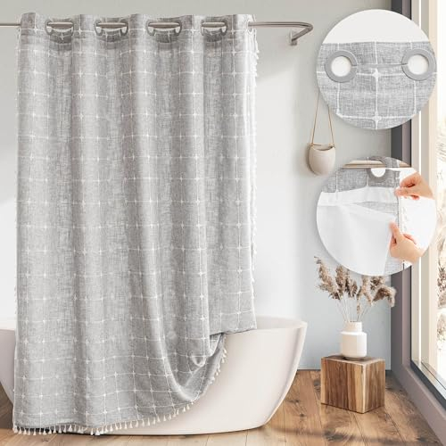 River Dream Duschvorhang mit Einrastfutter, keine Haken erforderlich, Boho-Stoff-Duschvorhänge mit Quasten für rustikale neutrale Badezimmer-Dekoration, wasserabweisend und grau, H188 x B180.3 cm