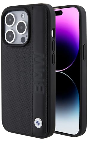 CG MOBILE BMW Lederhülle mit Schildstruktur und Streifenmuster für iPhone 15 Pro, Schwarz