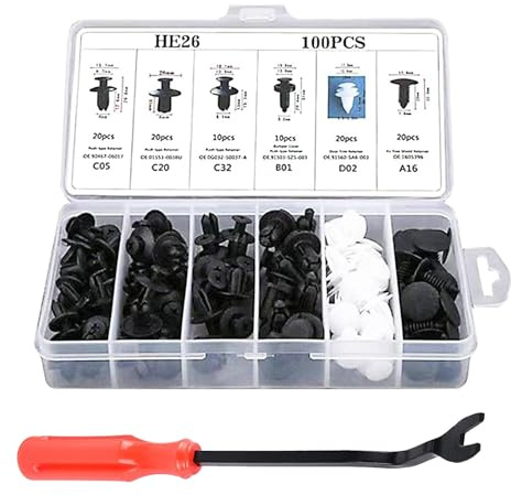 gunhunt Lot de 100 boulons de fixation pour pare-chocs de voiture, 6 types de fixations de panneau de porte HE26 avec outil de retrait de 15,2 cm, kit de rivets de retenue de pare-chocs universels,