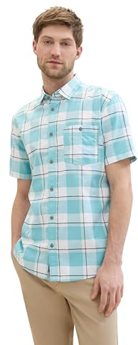 TOM TAILOR Herren Basic Tailliertes Hemd mit Karomuster, turquoise multicoloured check, XL