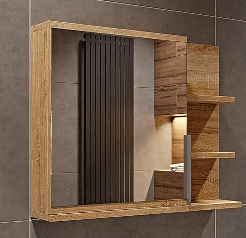 HAJDUK FURNITURE Sonoma Eiche Badezimmerschrank mit Spiegel und Ablagen, B:60 x H:50 cm Spiegelschrank Bad 1 Tür - Hängeschrank Badezimmer, Rechts