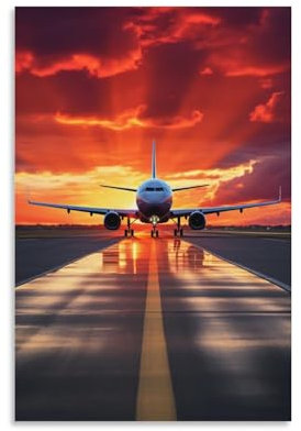 FOCCAR Leinwanddrucke mit Flugzeug zum Abheben, Sonnenuntergang, Landebahn, moderne Flugzeugbilder auf Leinwand, Poster, Wanddekoration für Heimdekorationen