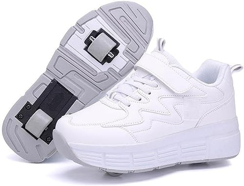 Schuhe mit Rollen für Jungen und Mädchen, Einziehbare Hinterräder Skateboardschuhe, Sportschuhe, Turnschuhe, Kinder und Erwachsene, 2-in-1-Multifunktionsrollschuhe mit 2 Rädern,Weiß-34 EU