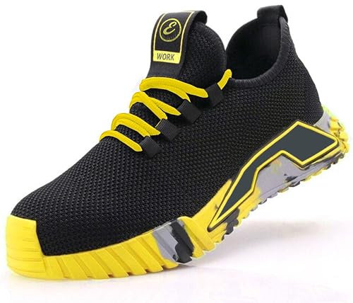 Scarpe Antinfortunistiche da Lavoro Cantiere Leggere Comode Traspiranti Sicurezza Antiscivolo Puntale in Acciaio con Protezione Antiperforazione Certificazione CE (Nero e Giallo, 42)