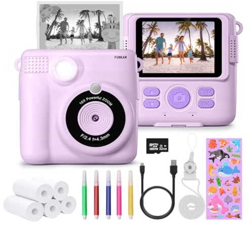 FUNKAM Cámara Fotos Infantil Instantánea,- 2,4 HD 1080P- con Tarjeta SD 32GB, 5 Rotuladores, Pegatinas, 5 Rollos de Papel, Colgante. Cámara Niños y Niñas de 3 a 14 años. -Regalos de cumpleaños-
