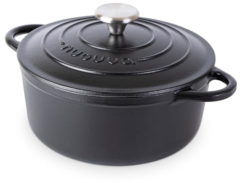 Cast Iron Dutch Oven with Lid – Non-Stick Ovenproof Enamelled Casserole Pot – Sturdy Dutch Oven Cookware – Black, 3.1-Quart, 22cm – by Nuovva