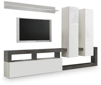 Web Convenienza Parete TV Hamburg Bianco Lucido Attrezzata - Mobile Televisore in Legno con Pensili ad Ante a Ribalta Moderno (2 Pensili Alti, Ossido)