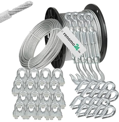 Renomo24 Drahtseil Set 6 - Stahlseil 50m 3mm 6x7 verzinkt und ummantelt, 4x Spannschloss Haken/Öse, 16x Bügelklemmen, 16x Kauschen