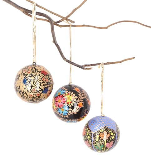 Upcycling Weihnachtskugel 3er Set aus Pappmachee, handbemalt, Muster 2 | Kaschmirkugeln, 7 cm Durchmesser, einzigartiger Christbaumschmuck, umweltfreundlich, in recycelter Box