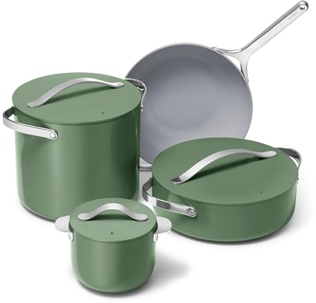 Caraway Cookware+ Collection – Spezial-Kochgeschirr-Set – Petite Cooker, Bratpfanne, Rondeau & Suppentopf – 3 Deckel und Aufbewahrungs-Organizer im Lieferumfang enthalten – Salbei