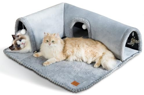CATISM Túnel para Gatos con colchoneta, con Espacio para Dormir, túnel de Juego para Gatos con Tubo extraíble y Bola de Juego Colgante, casa escondida 70x80cm