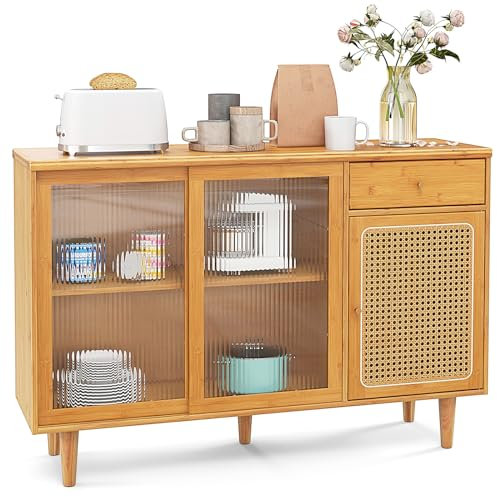 GOPLUS Sideboard, Buffetschrank mit Schiebetüren aus gehärtetem Glas, Rattantür, Schublade, Kommode Küchenschrank Beistellschrank für Wohnzimmer, Eingang, Flur, 120x35x83cm, Natur