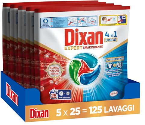 Dixan DISCS 4in1 Expert Smacchiante Detersivo Lavatrice, 5 confezioni da 25 Lavaggi, Capsule lavatrice per pulizia profonda del bucato e freschezza igienica per lavatrice, Rimuove le macchie da 20°C