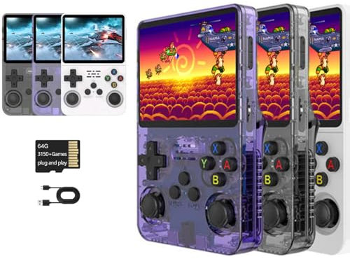 MENDUNER R36s Handheld, Retro Konsole, Retro Spielekonsole, Handheld RetrSpielekonsole, 3,5 Zoll IPS Bildschirm DDR3L 1 GB Retro Videospielkonsole für Linux System Transparent (Weiß 64G)