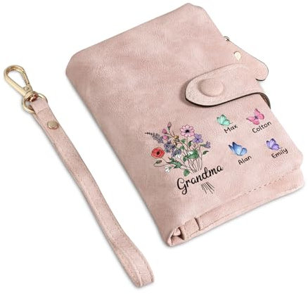 Grovjewfit Portefeuille Femme Personnalisé avec 3-8 Noms Porte-Monnaie Noël comme Cadeaux pour Maman Grand-Mère Cadeau De Noël Fête des Mères Cadeaux (Style 3-5 Noms)