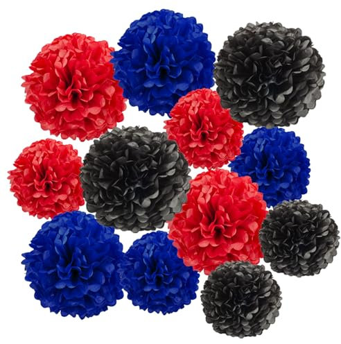 Ainmto 12 Stück Seidenpapier Pompons rot blau und schwarz,Party Pompons Deko für Geburtstag, Hochzeit