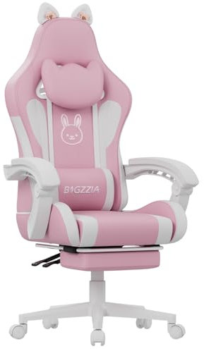 Racingreat Gaming Chair with Cat Ears for Girls Adults, Height Adjustable Reclining Computer Game Chair Comfortable with Headrest and Massage Lumbar Support (Pink/White)
