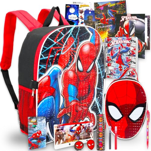 Mochila de Spiderman con lonchera para niños pequeños, paquete con mochila Spiderman de 16 pulgadas, bolsa de almuerzo Spiderman, juego de papelería, calcomanías, marcapáginas, más | Suministros