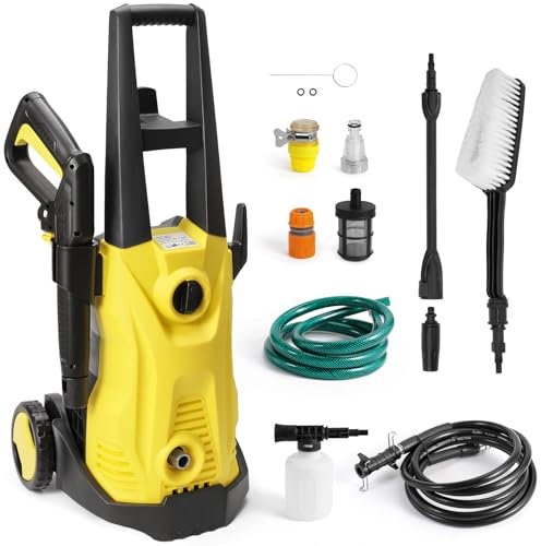 Hidrolimpiadora de Alta Presión de 1800 W, máx 150 Bar, con Accesorios de Limpieza, Caudal Máximo 420 l/h, Manguera de Alta Presión de 5 m, para Hogar, Jardín, Coche