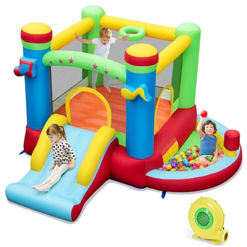 GOPLUS Castillo Inflable para Niños, Casa de Salto Portátil con Resbaladilla, Piscina, Aro de Baloncesto, Juegos de Lanzamiento de Anillos, Tema Musical, Centro de Juego para Niños de 3 a 12 Años
