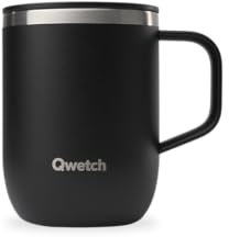 QWETCH - Mug Isotherme Inox Recyclé avec Anse - Noir 350ml - Tasse Isotherme Café & Thé - 6h Chaud & 12h Froid - Bouchon Coulissant Anti-Éclaboussures & Compatible Infuseurs