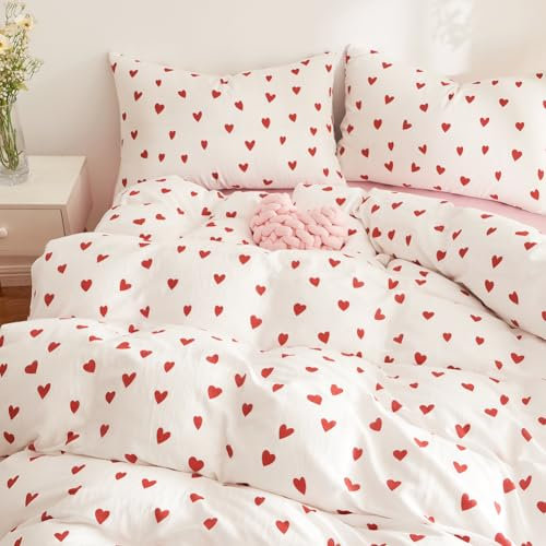 Covebett Bettwäsche Baumwolle 135x200 Doppelte Musselin Rot Herzen Herz Weiß Bettwäsche Set Weich Romantisch Herzchen Mädchen Bettbezug und 1 Kissenbezug 80x80 cm mit Reißverschluss