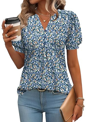 Rapbin Womens Tops Puff Short Sleeve Summer T Shirts V Neck Elegant Floaty Floral Printed Tunic Blouse Blue White Floral-L(UK 16-18)