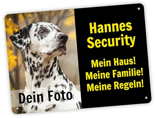 Hundeschild mit eigenem Foto & Namen „Security“ - 40 x 28 cm - Lustiges Vorsicht Hund Warnung Schild - wetterfest & rostfrei & Bohrlöcher - Warnschild Hund - Aluminium, Stärke 0,5 mm