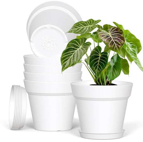 Plastic Plant Pots Indoor Outdoor, 6 Pack 7Inch/17.7CM Large Plant Pots Flower Pot with Drainage Holes and Tray,Modern Decorative Planter Pot for All House Plants(White)