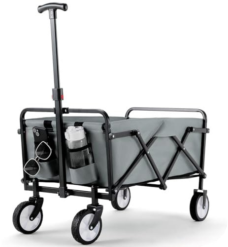 Bollerwagen Faltbar Handwagen All Terrain Räder, Gartenwagen mit Getränkehalter verstellbarem Griff, Transportwagen Klappbar Strandwagen, Gartenkarre, Einkaufswagen, Camping (Grau)