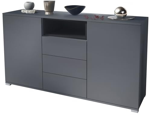 Vladon Skadu V2 Sideboard, Kommode mit 2 Türen, 3 Schubladen und 1 offenem Fach, Anthrazit matt/Schwarz matt (138,5 x 75,5 x 35 cm)