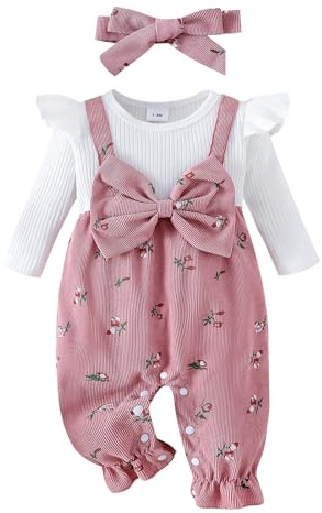 XIXIMAON Baby Girl Fall Winter Outfits Bow Decor Floral Long Sleeve Jumpsuit Knitted Corduroy Rompers Ribbed Bodysuit With Headband Infant Girls Cute Clothes (Pink, 6-9 Months)