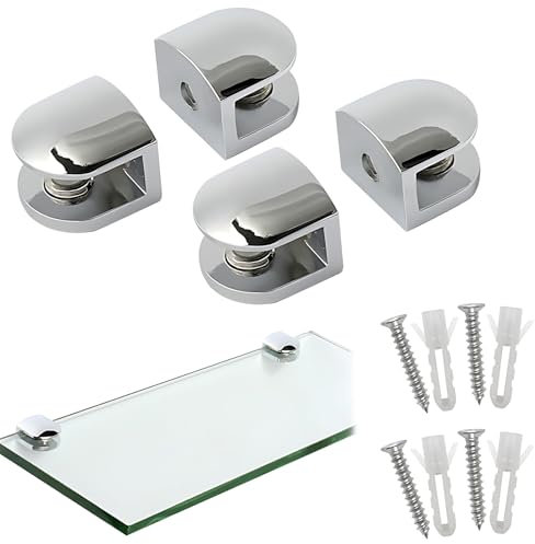 4 Pcs Glass Shelf Brackets with Screws & Anchors, Adjustable Glass Clamps for 6-8mm Panels, Nickel-Plated Zinc Alloy Glass Fitting Wall Stands for Bathroom, Display Cabinet, Wine Rack