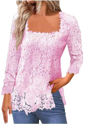 Womens Lace Tops Square Neck Blosue Floral Elegant Shirt Party Tunic Tops Solid Color Dressy Shirts Ladies Blouses 3/4 Sleeve Tshirts Spring Summer Tees Trendy Clothes Streetwear