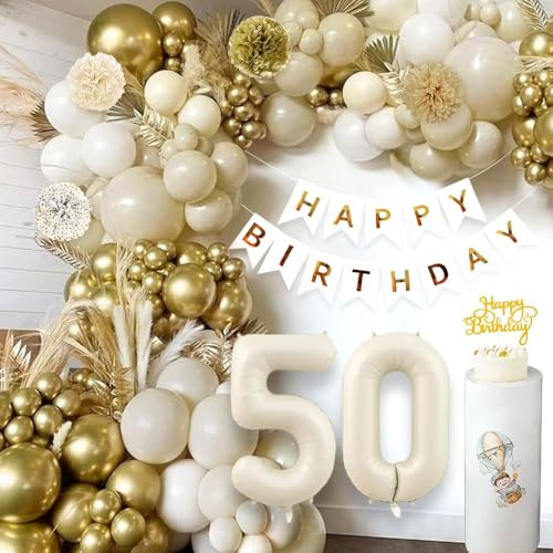50.Geburtstagsdekorationen: Goldenes Banner, Sandweiß-Gold-Beige Ballons, Bohömisches Zubehör für Frauen & Männer