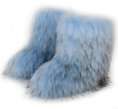 Femmes Linda Fluffy Bottes Chaud L'hiver Bottes de Neige with Faux Raccoon Fourrure Chaussures Custome Festival Chaussures Fourrurery Feet Paws Rave Fuzzy Leg Chauder Outdoor Light-Blue Size 36