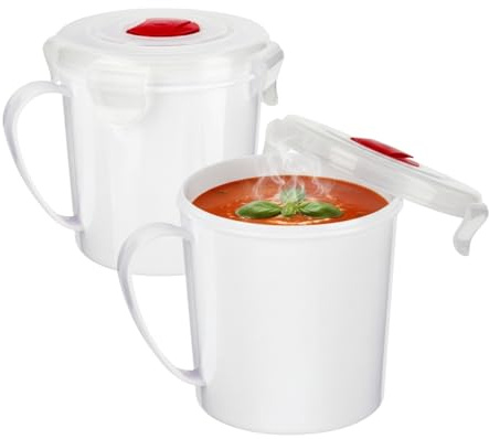 HOMESHOPA Microwave Soup Mugs 650ml, White Soup Bowl, Food Container with Steam Vent Lids, Mugs for Reheating & Serving, Ideal for Prep Ramen, Noodle, Porridge, Uses in House, Office & Picnic