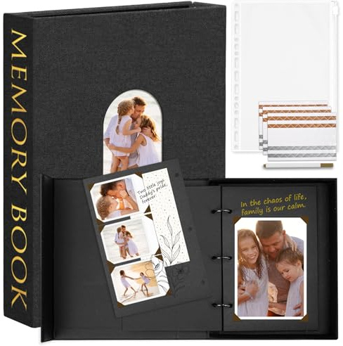 Hiwhy Fotobuch zum Selbstgestalten 14 x 22 cm, Leinen Scrapbook Fotoalbum mit 60 Schwarzen Seiten, Erinnerungsbuch Gästebuch für Jahrestag Geburtstag Hochzeit, Schwarz