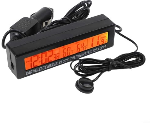 Jotekonoby Digitaler LCD Auto Temperatursensor mit Innen Außen Thermometer für Fahrzeuge, 12V 24V Autobatterie Spannung Monitor, Frost & Max/Min