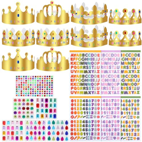 Elegaperma 10 Stück Kronen Basteln Geburtstag, Papier-Krone-Partyhüte | 22 PCS Papier Kronen mit Alphanumerischen Aufklebern und Strassstickern für Prinzessinnen,Königinnen,Geburtstagsparty