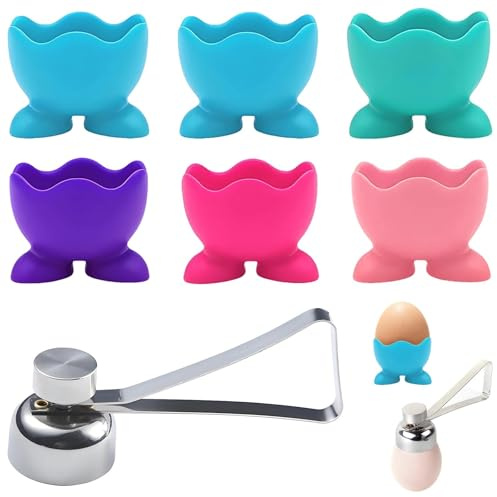 Egg Cups, 6 Pcs Silicone Egg Holder Set with Egg Cracker, Colourful Boiled Egg Stands for Breakfast, Kitchen Counter & Home Essentials